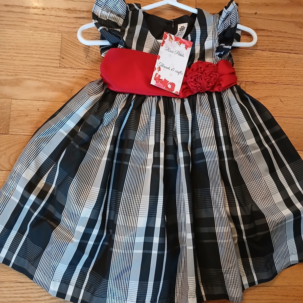 Black and White Plaid Dress with Red Sash